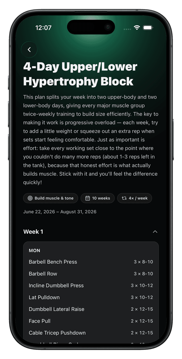 Trackist AI-generated workout plan organized into training days